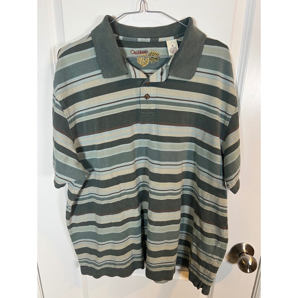 Caribbean Mens Polo Shirt Silk Cotton Blend Striped Green XL